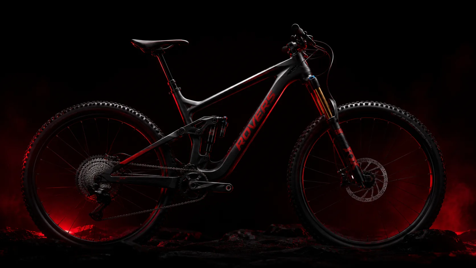 Mountain bike Rovers premium em ambiente cinematográfico com luz vermelha