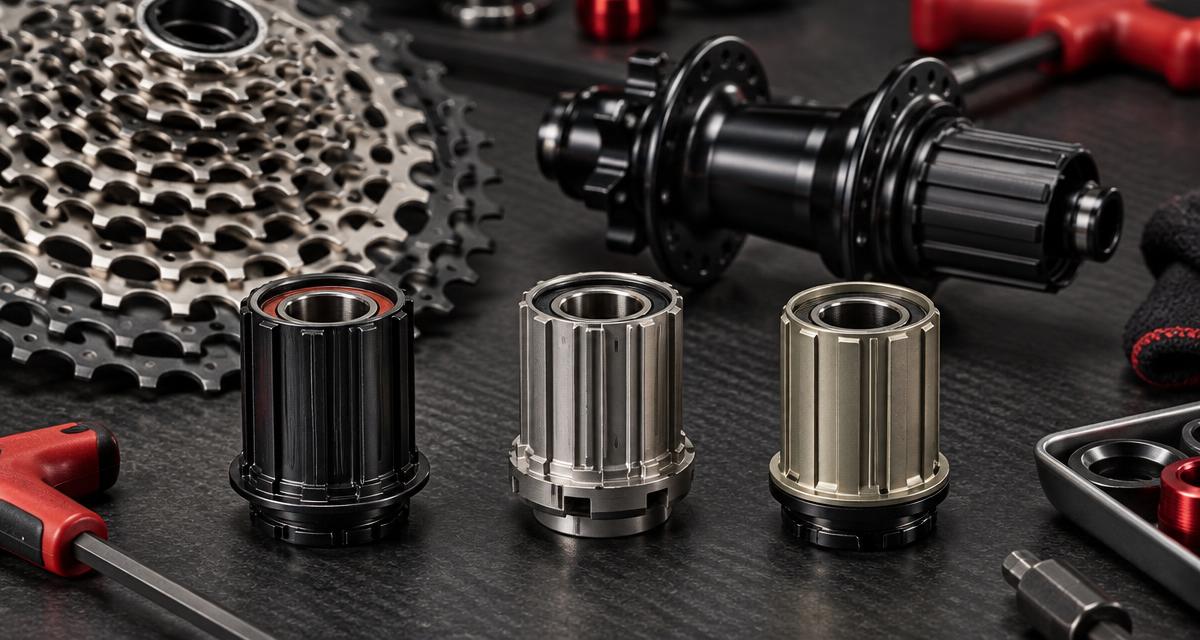 Cassete, cubo e corpos de roda livre MTB dispostos para conferência