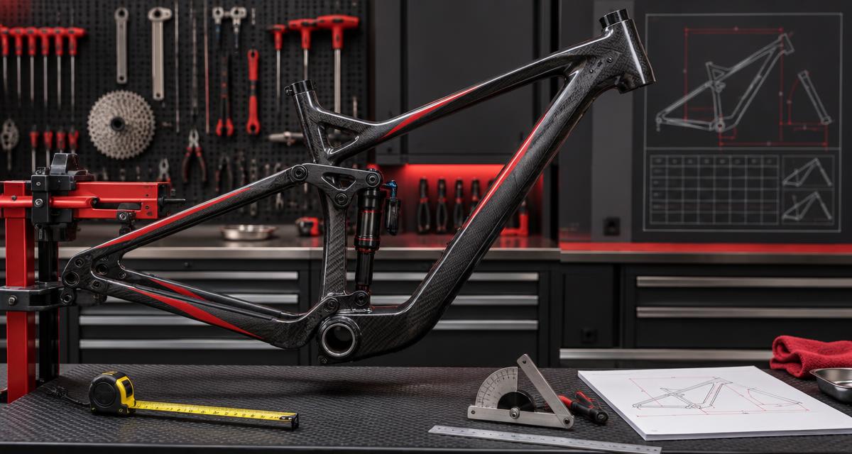 Quadro MTB em bancada com ferramentas de medição de geometria