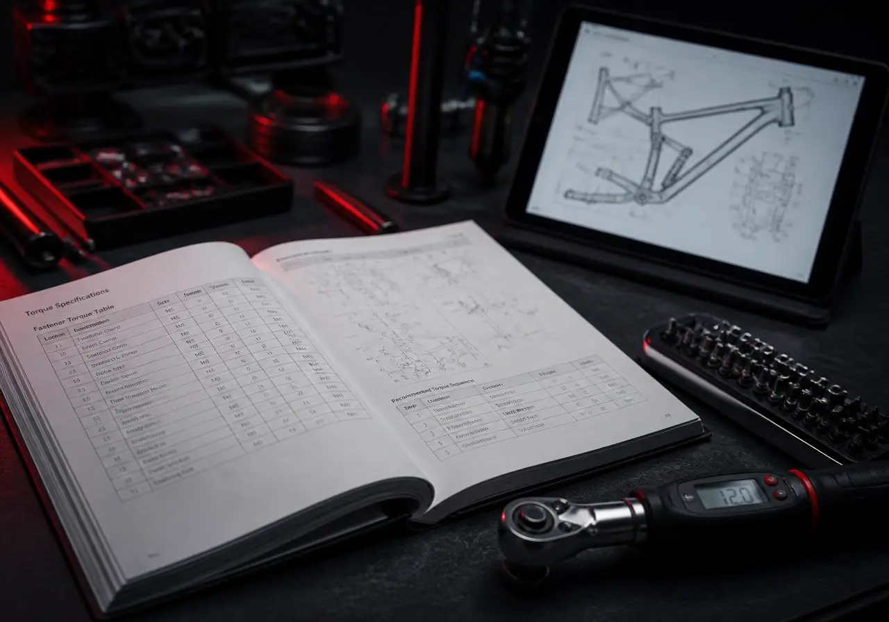 Bancada de oficina com manual técnico aberto em tabela de torque, torquímetro digital e jogo de chaves hex