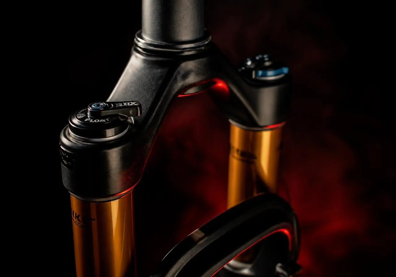 Coroa e tubos superiores de uma suspensão MTB de alta performance com ajustes visíveis