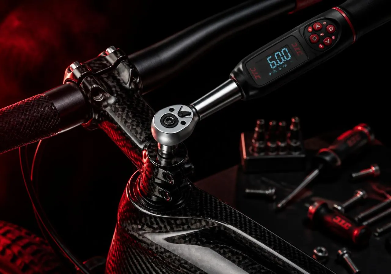 Torquímetro digital aplicado no parafuso da mesa de uma bike de carbono