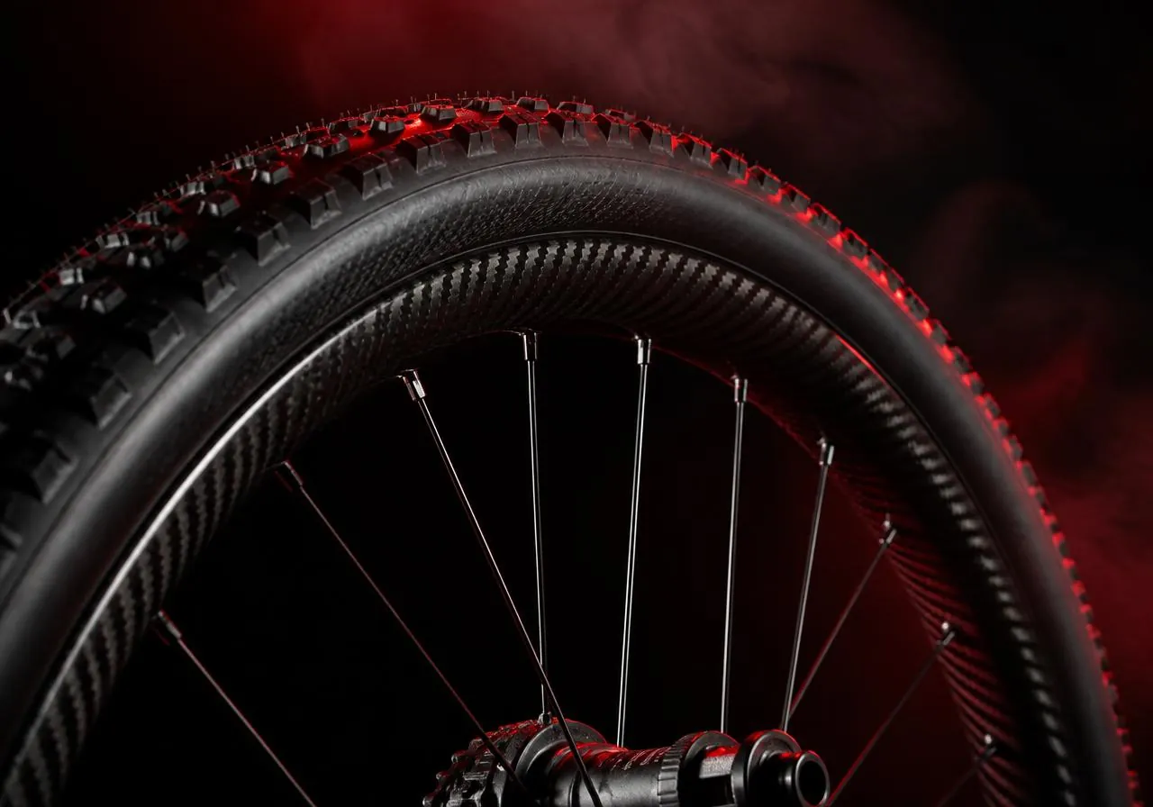 Roda de carbono para mountain bike com raios, cubo e pneu tubeless em detalhe